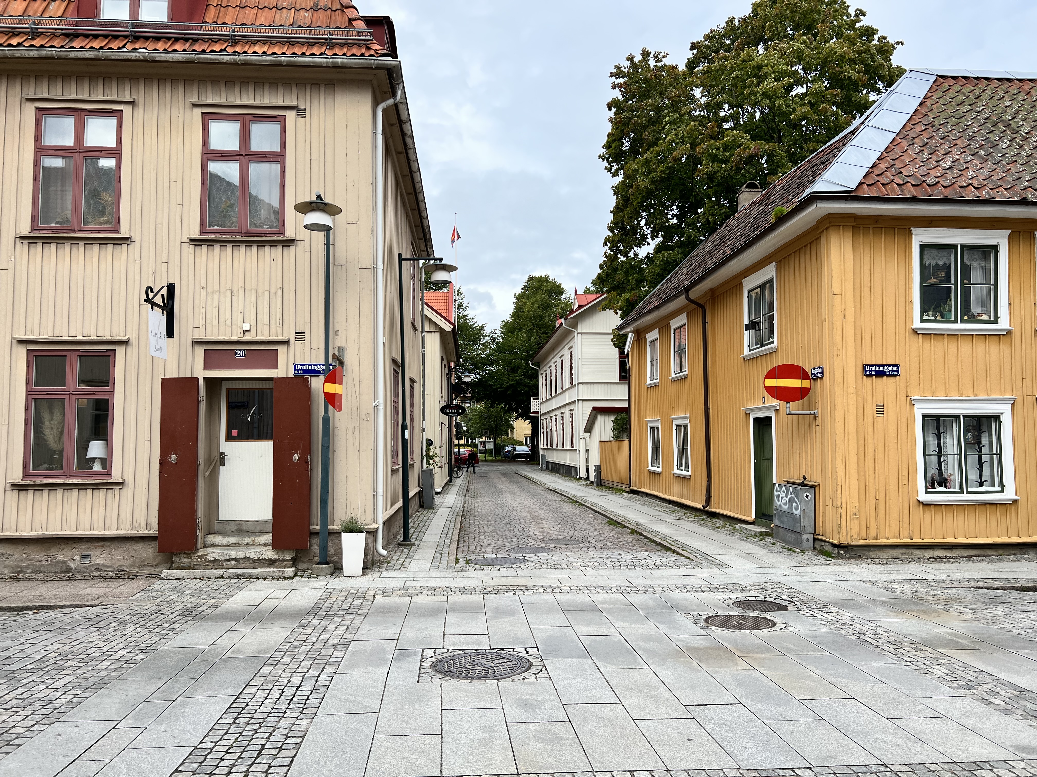 En välbalanserad stadsbild med byggnader, grönska, marksten, armaturer och smidesskylt.