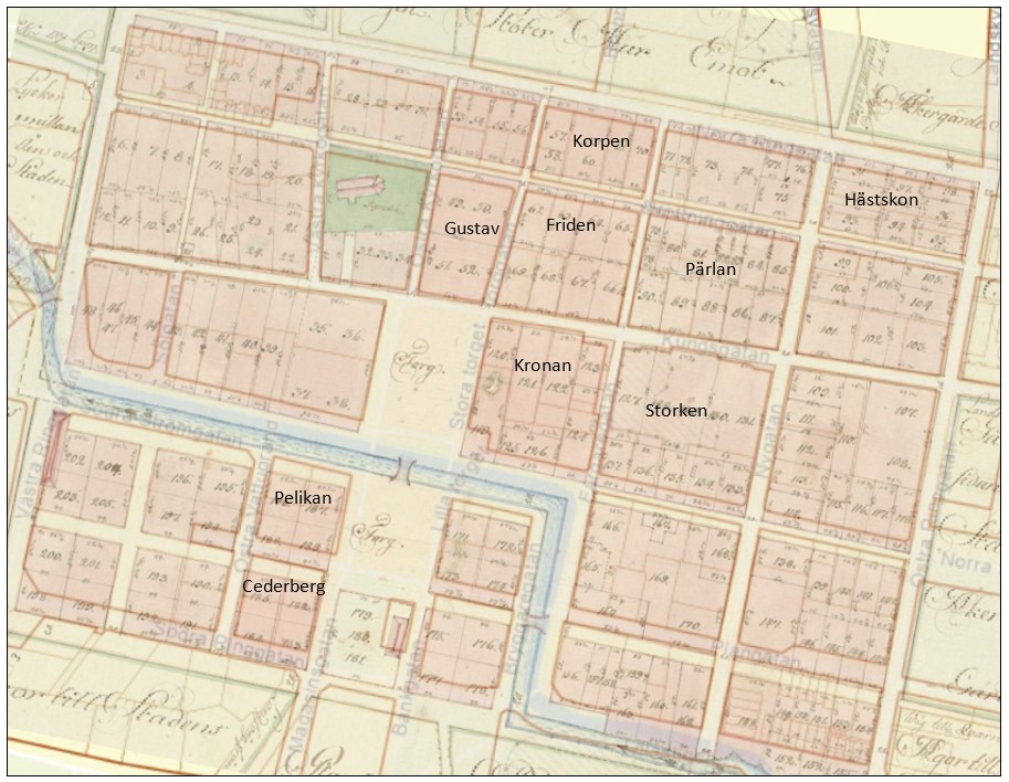 Utsnitt från brandförsäkringskartan från 1769 med överlappning av en modern karta i Alingsås