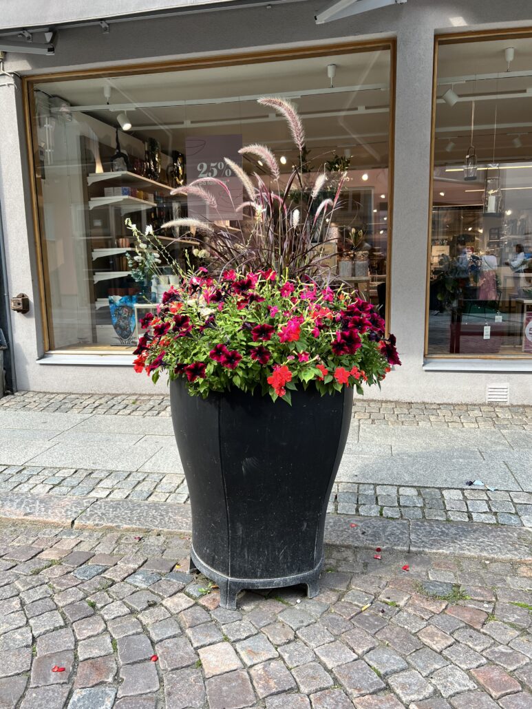 Blomsterkruka på Kungsgatan i Alingsås stadskärna.