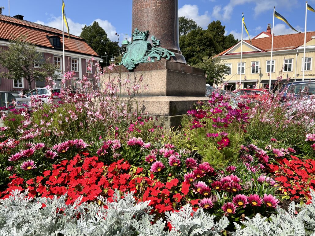 Säsongsplanteringar med blommor framför Jonas Alströmer statyn på Stora Torget i Alingsås stadskärna.