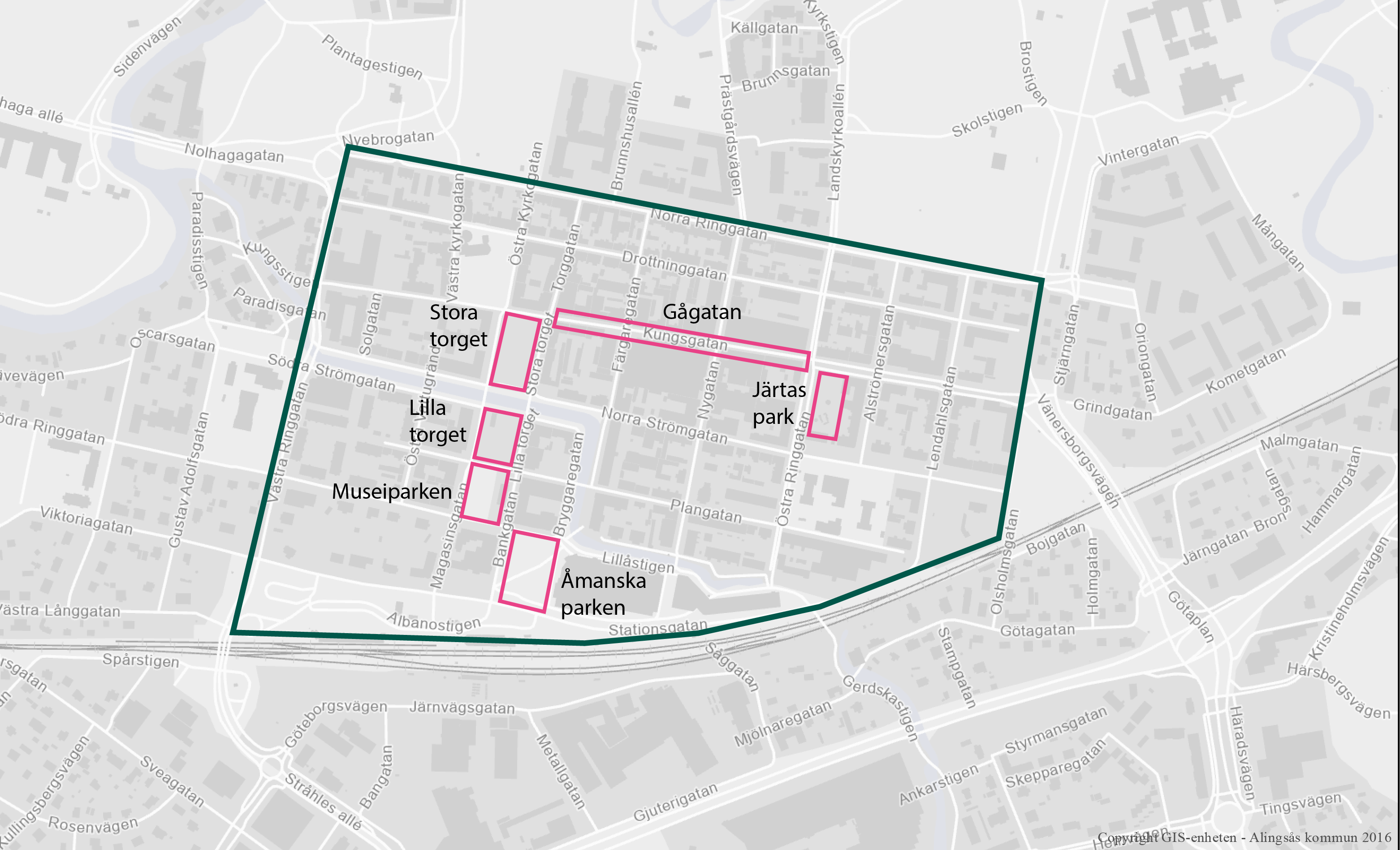 Avgränsning Alingsås stadskärna, med platser av särskild karaktär markerade i rosa.