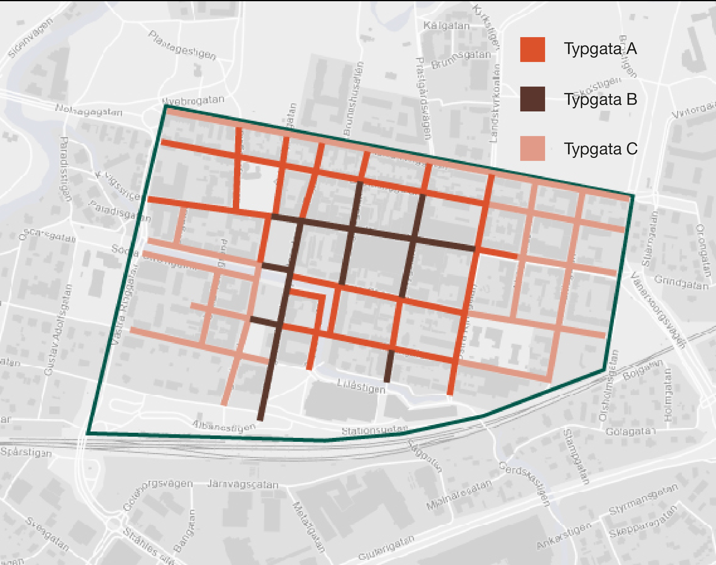 Karta över stensättning i Alingsås stadskärna utefter tre olika typgator.