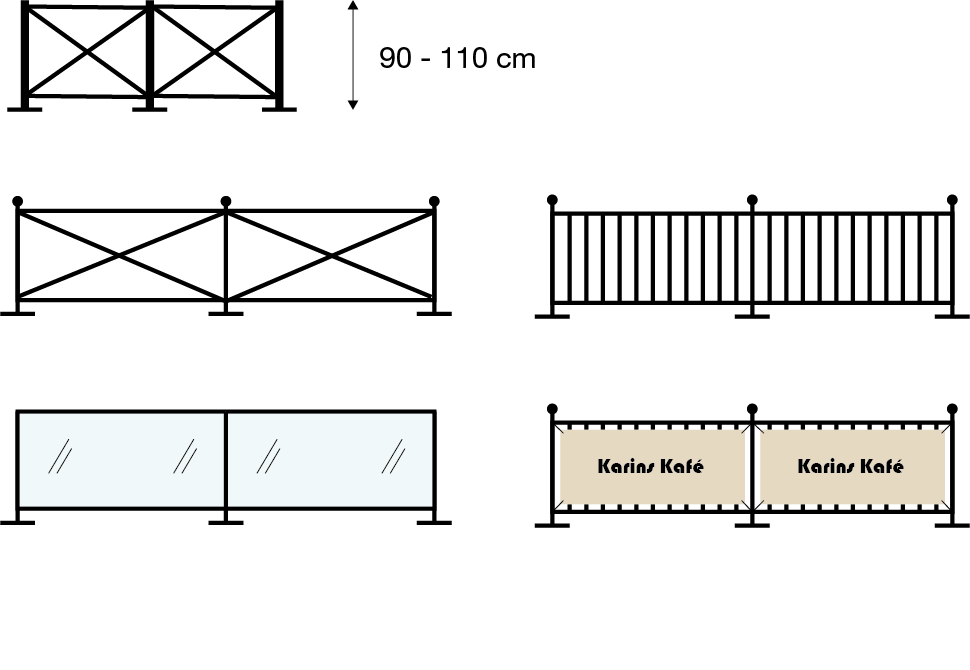 Exempel på lämpliga staket och inramningar för uteservering.
Ett staket ska vara minst 0,90 och max 1,10 meter högt.